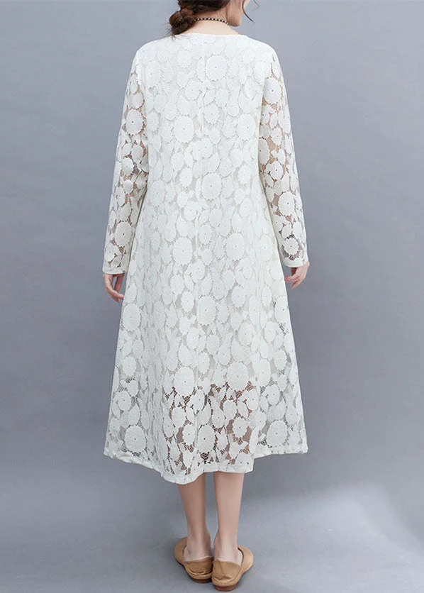 DIY White O-Neck Lace Long Dresses Long Sleeve - Image 4