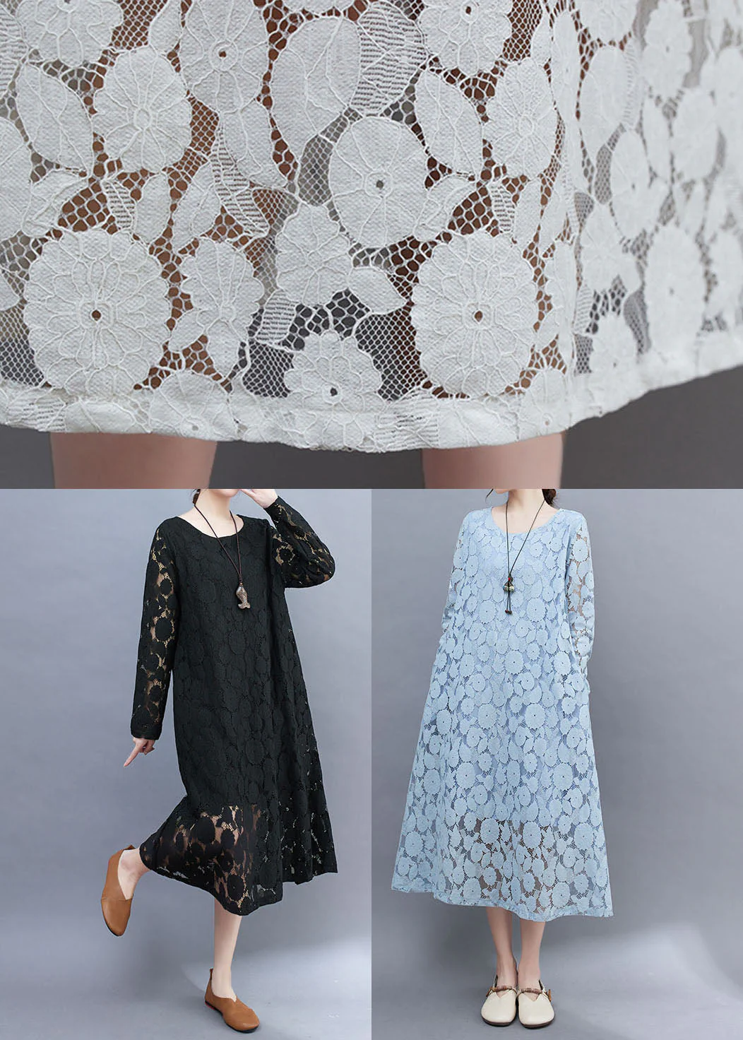 DIY White O-Neck Lace Long Dresses Long Sleeve - Image 5