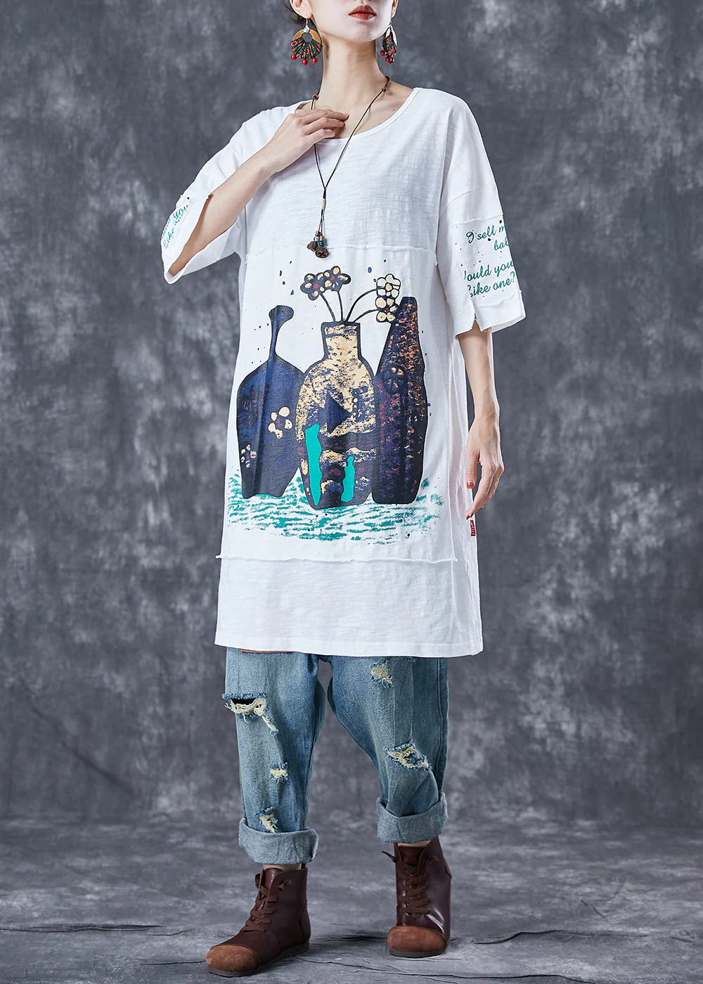DIY White Oversized Patchwork Applique Cotton Dress Summer - Image 2