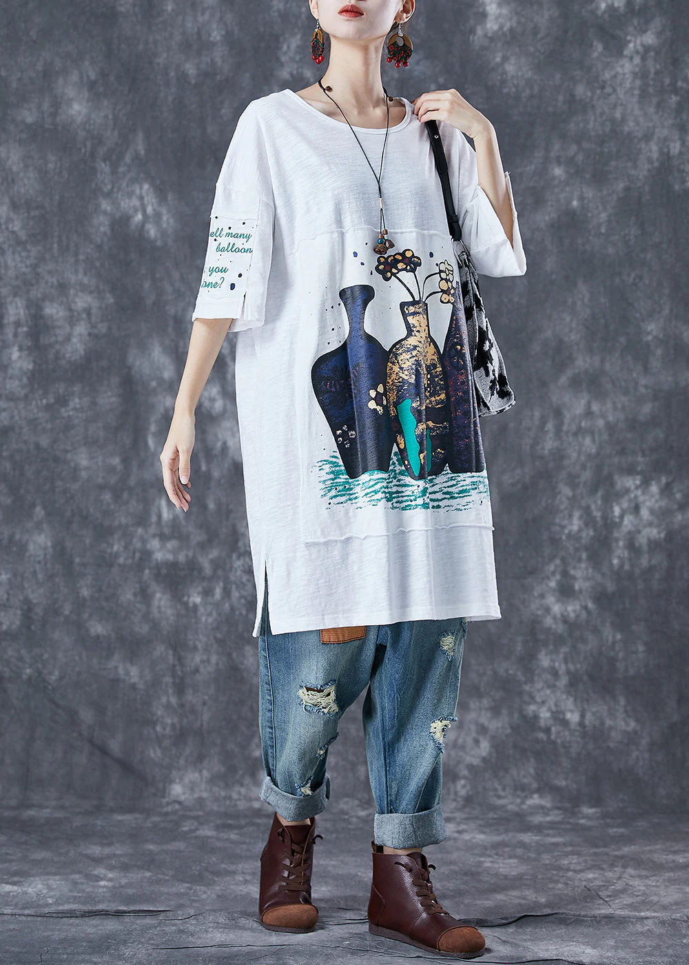 DIY White Oversized Patchwork Applique Cotton Dress Summer - Image 3