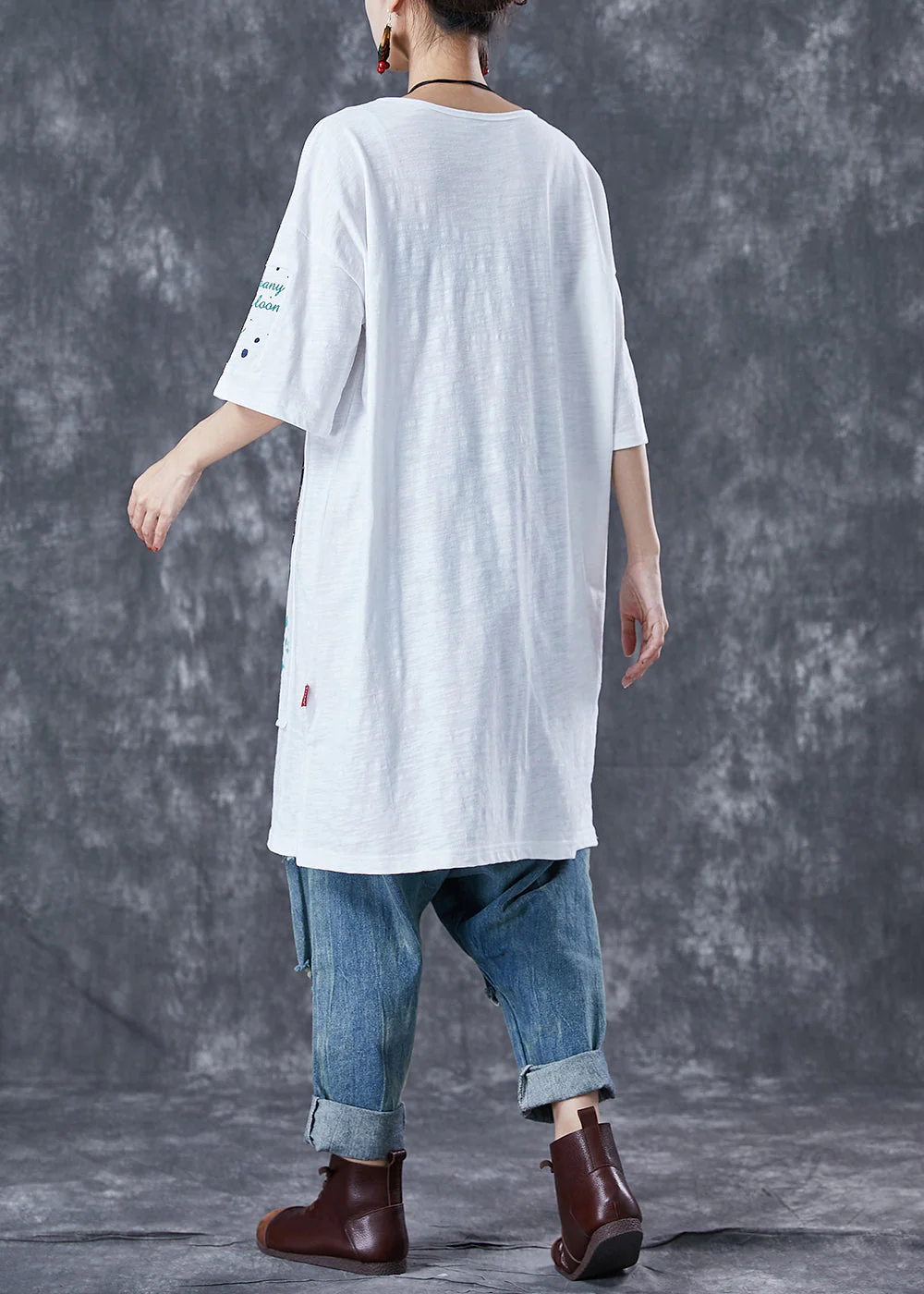 DIY White Oversized Patchwork Applique Cotton Dress Summer - Image 4