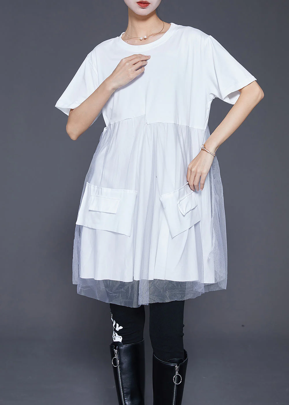 Diy White Oversized Tulle Patchwork Cotton Dress Summer - Image 2