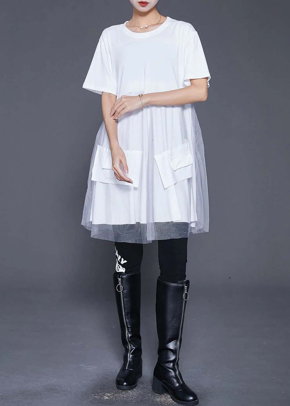 Diy White Oversized Tulle Patchwork Cotton Dress Summer - Image 3