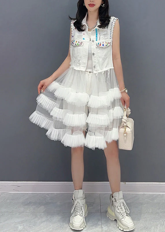 DIY White Peter Pan Collar Print Waistcoat Patchwork Tulle Party Mid Dress Sleeveless - Image 3