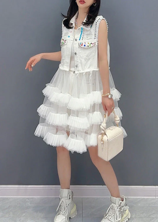 DIY White Peter Pan Collar Print Waistcoat Patchwork Tulle Party Mid Dress Sleeveless - Image 4