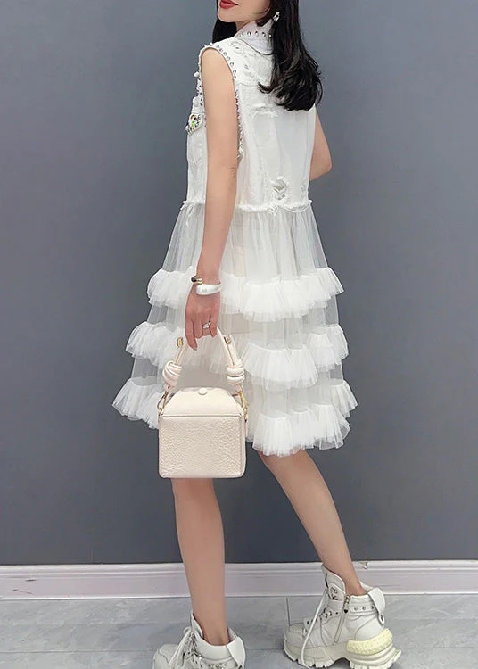 DIY White Peter Pan Collar Print Waistcoat Patchwork Tulle Party Mid Dress Sleeveless - Image 5