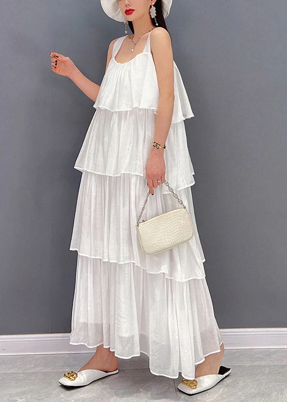 DIY White Slash Neck Spaghetti Strap Chiffon Dress Sleeveless - Image 2