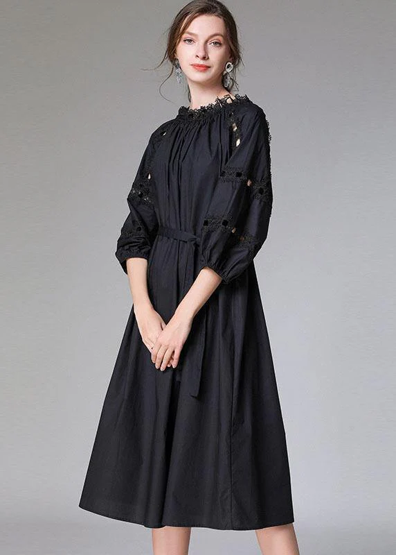 DIY White Slash Necktie Waist Cotton Fall Long Dress Half Sleeve - Image 3