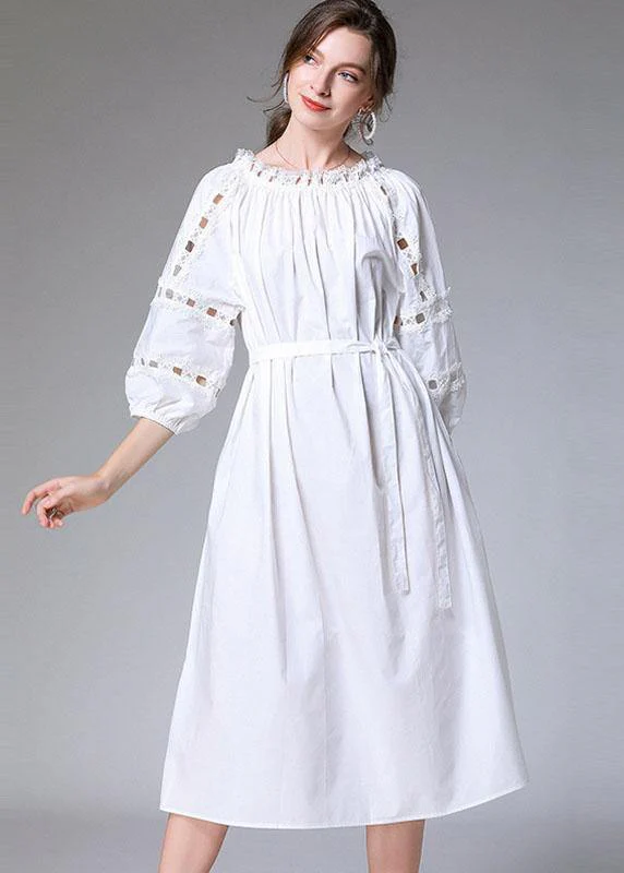DIY White Slash Necktie Waist Cotton Fall Long Dress Half Sleeve - Image 4