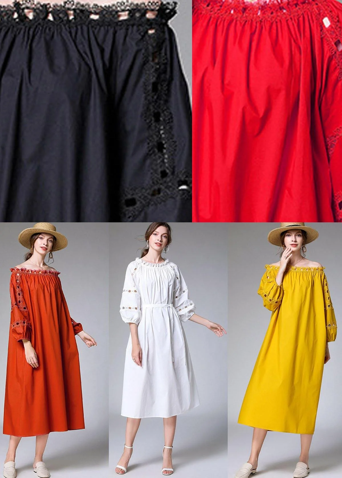 DIY White Slash Necktie Waist Cotton Fall Long Dress Half Sleeve - Image 5