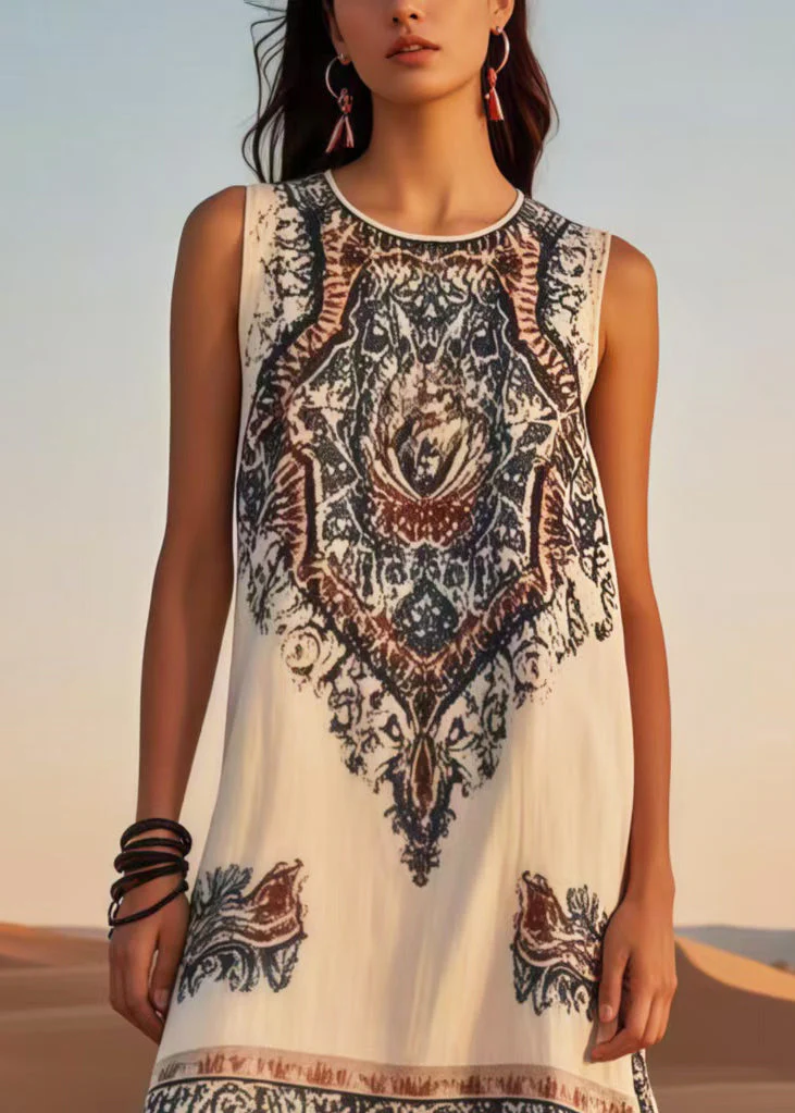 DIY White Tasseled Print Cotton Holiday Dress Sleeveless - Image 2