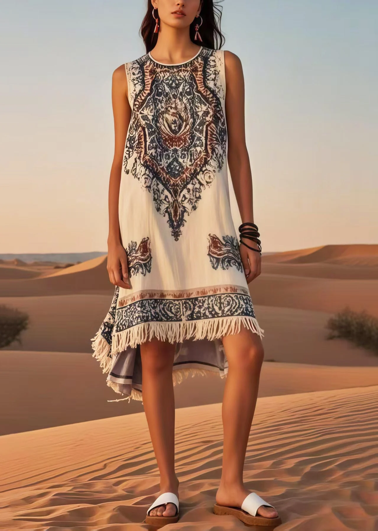 DIY White Tasseled Print Cotton Holiday Dress Sleeveless - Image 3