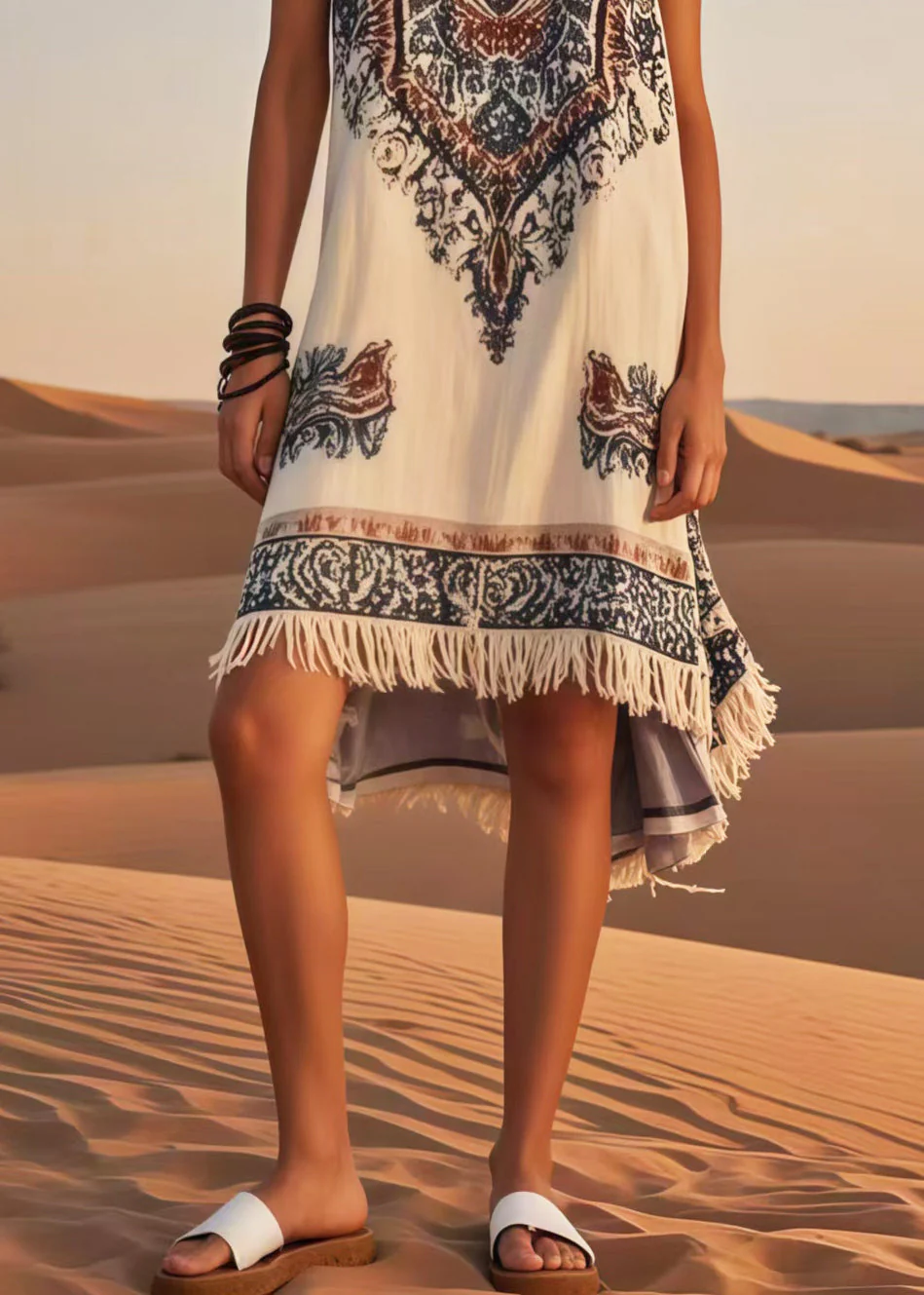 DIY White Tasseled Print Cotton Holiday Dress Sleeveless - Image 4