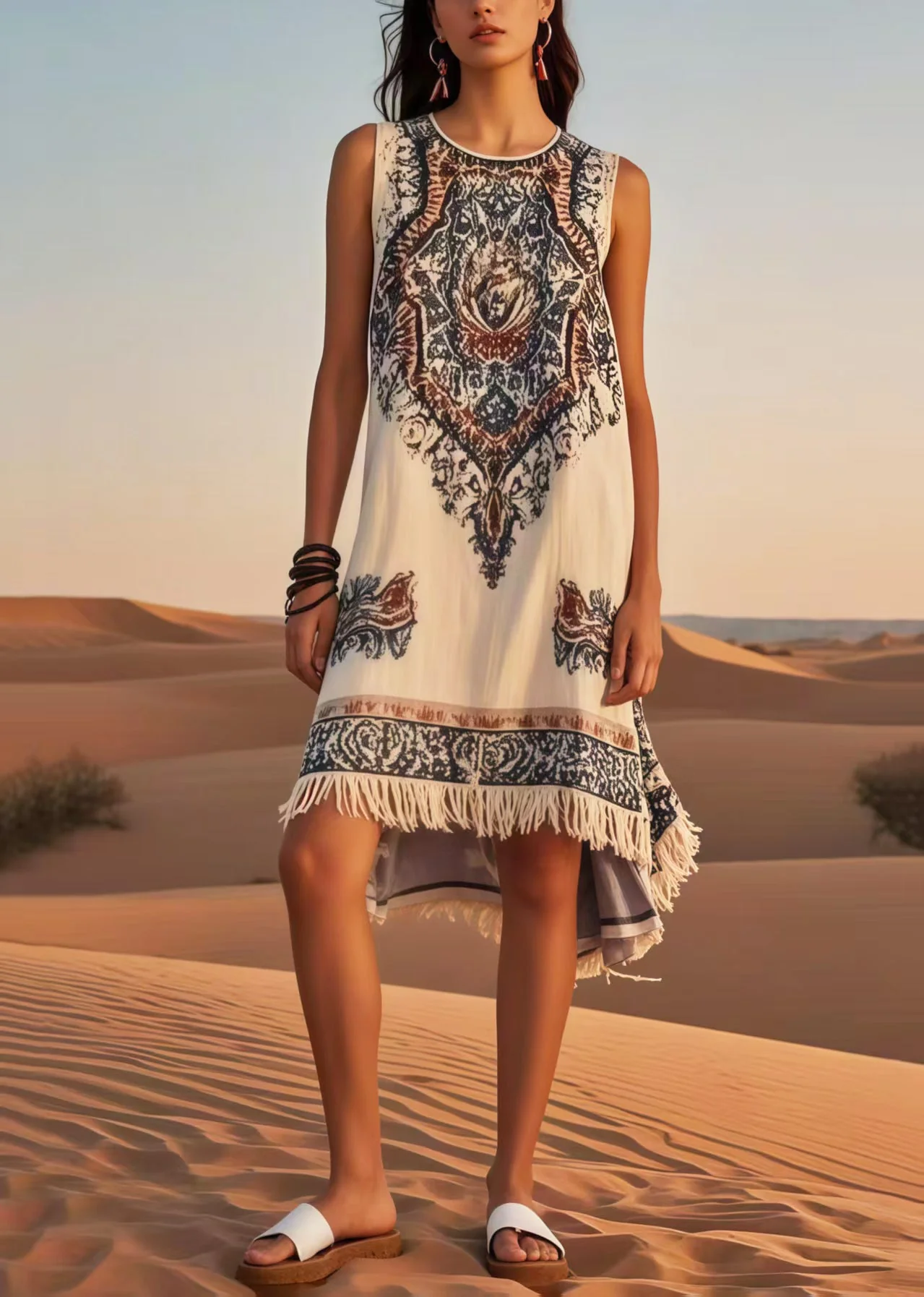 DIY White Tasseled Print Cotton Holiday Dress Sleeveless - Image 5