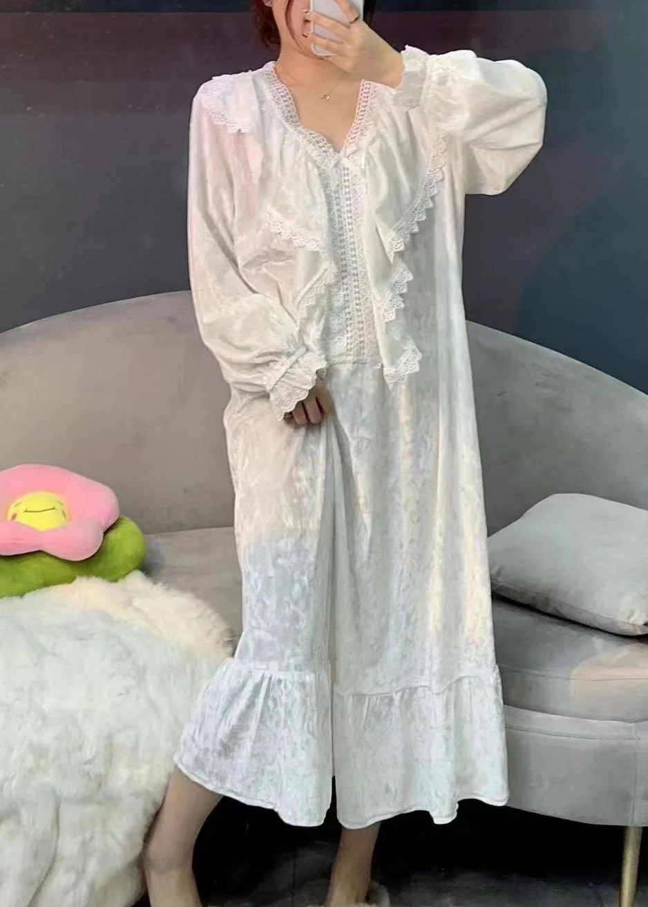DIY White V Neck Lace Patchwork Silk Velvet Maxi Dresses Spring - Image 2