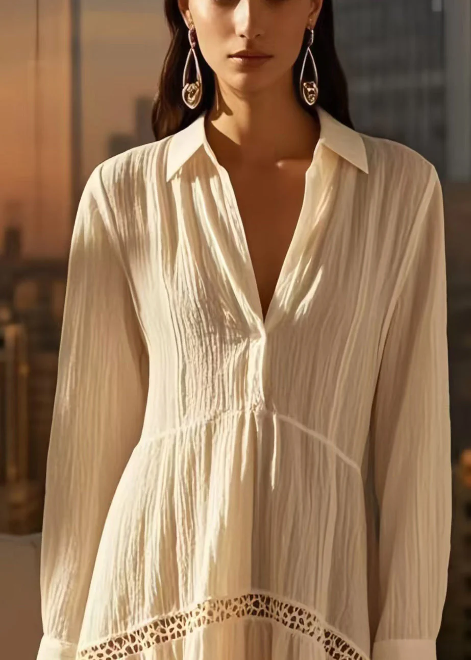 DIY White V Neck Patchwork Wrinkled Cotton Mid Dress Spring - Image 2