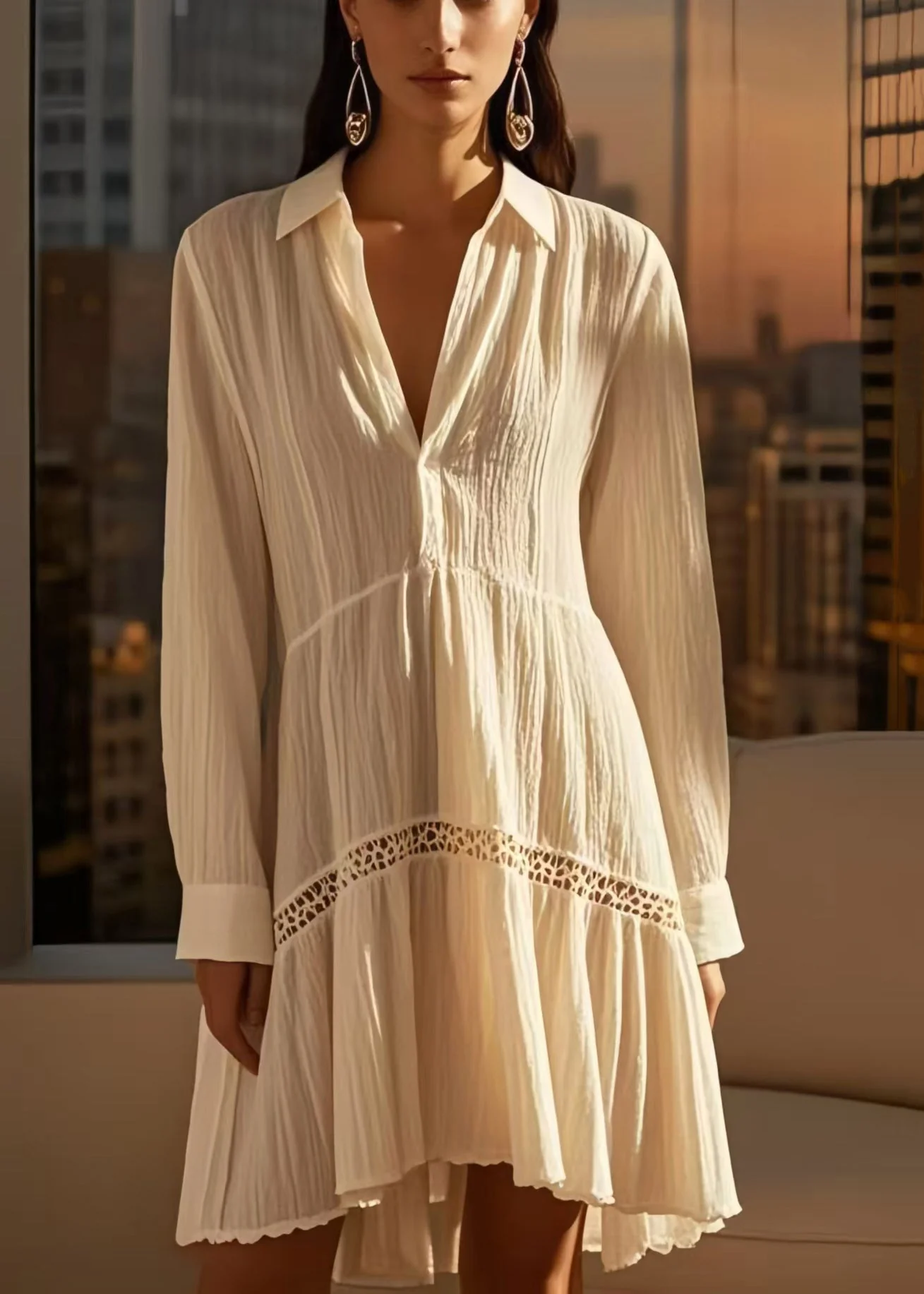 DIY White V Neck Patchwork Wrinkled Cotton Mid Dress Spring - Image 3