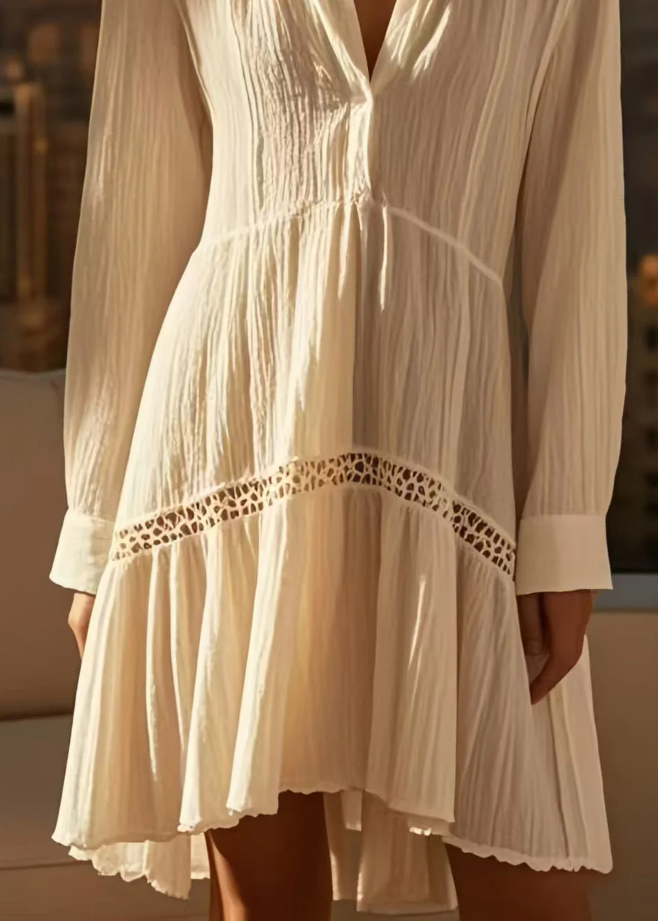 DIY White V Neck Patchwork Wrinkled Cotton Mid Dress Spring - Image 4