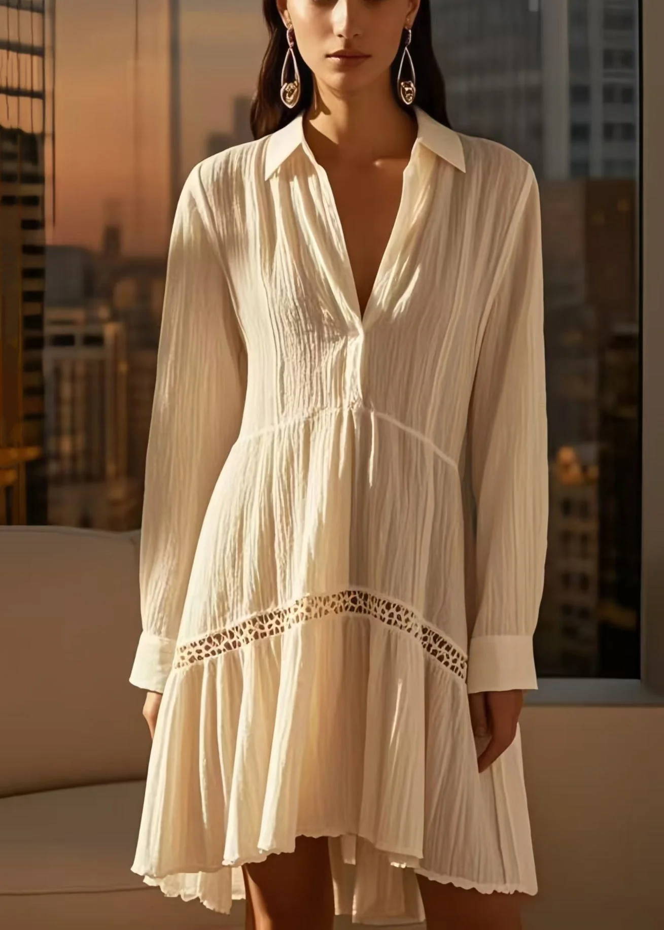 DIY White V Neck Patchwork Wrinkled Cotton Mid Dress Spring - Image 5