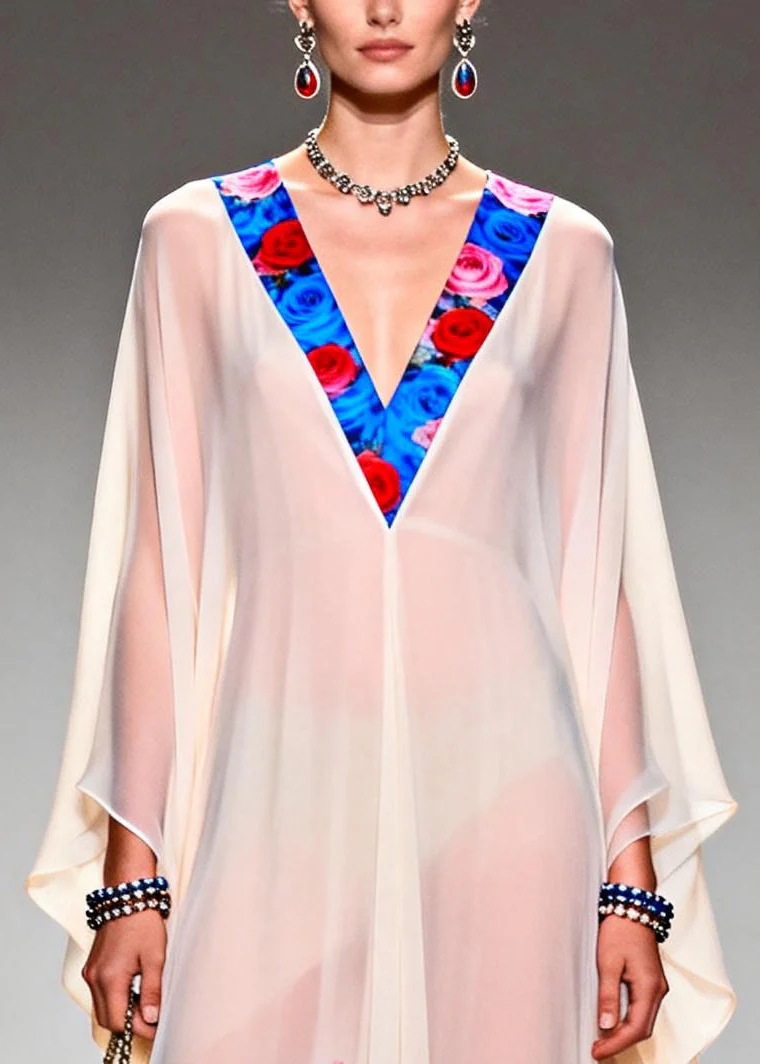 DIY White V Neck Print Chiffon Long Dresses Summer - Image 2