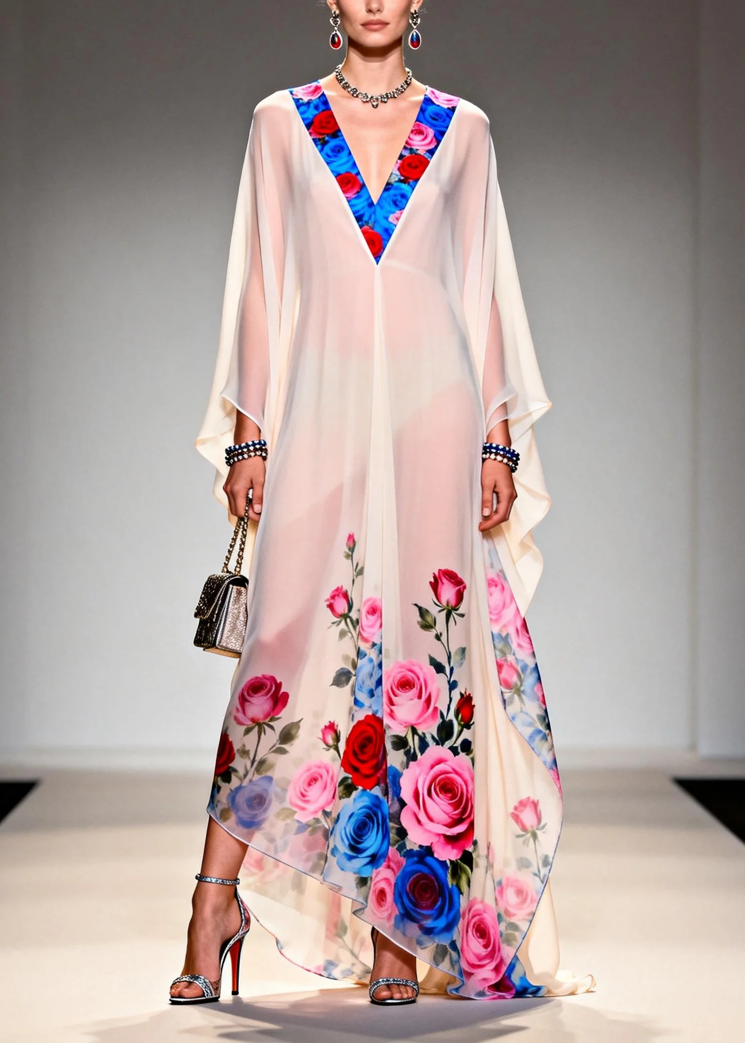 DIY White V Neck Print Chiffon Long Dresses Summer - Image 5