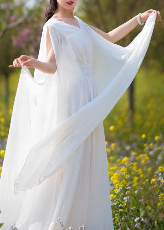 Diy White V Neck Wrinkled Patchwork Chiffon Dresses Summer - Image 2