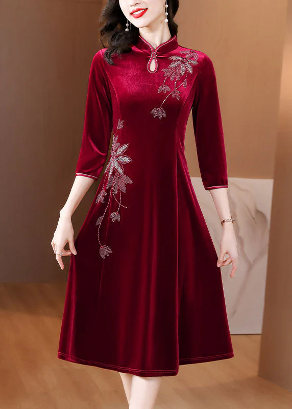 DIY Wine Red Embroidered Slim Silk Velour Long Dress Fall - Image 2
