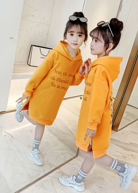 DIY Yellow Hooded Patchwork Warm Fleece Baby Girls Sweatshirts Dress Winter - Image 4