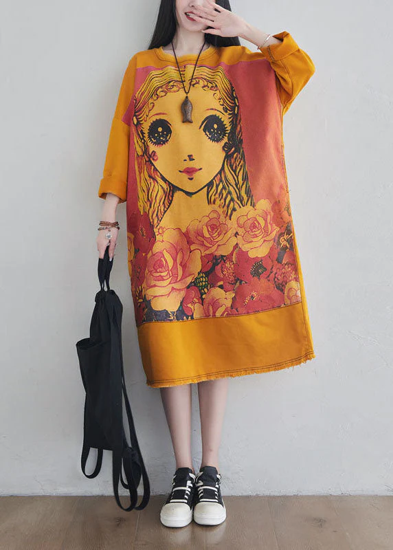 DIY Yellow O Neck Cartoon Print Cotton Long Dress Spring - Image 2