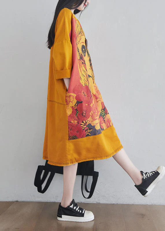 DIY Yellow O Neck Cartoon Print Cotton Long Dress Spring - Image 3