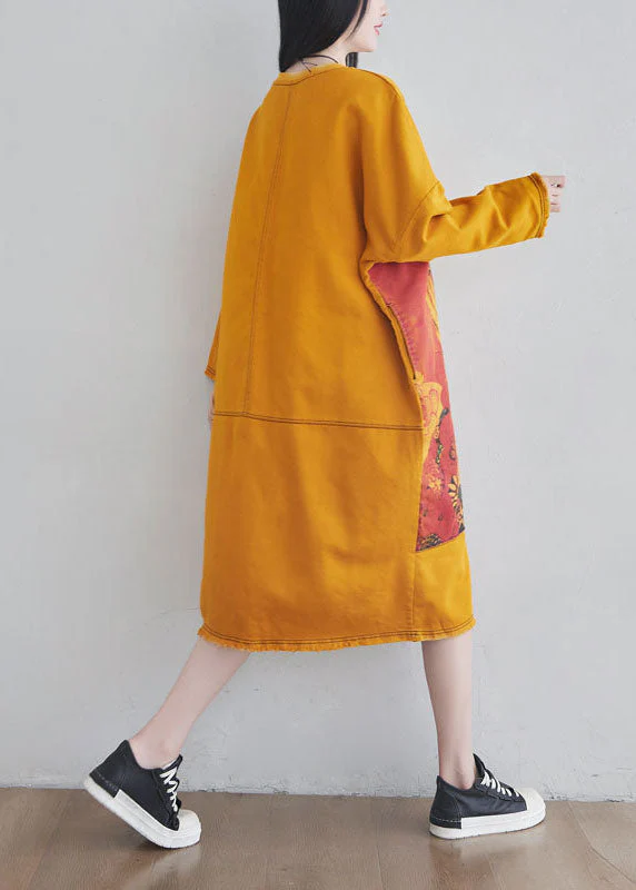 DIY Yellow O Neck Cartoon Print Cotton Long Dress Spring - Image 4