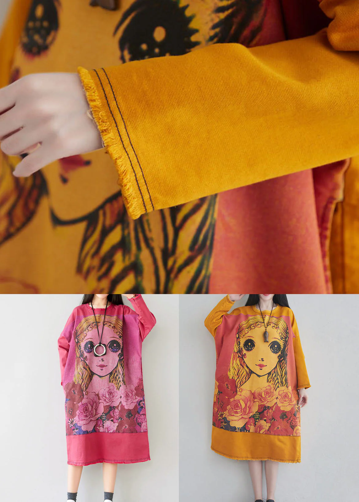 DIY Yellow O Neck Cartoon Print Cotton Long Dress Spring - Image 5
