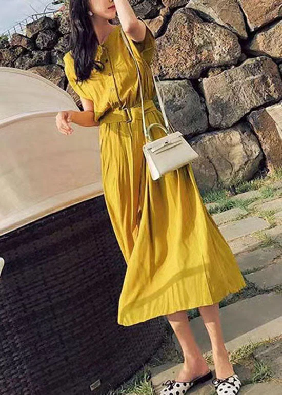 Diy Yellow O Neck Patchwork Tie Waist Cotton Dress Short Sleeve - Image 2