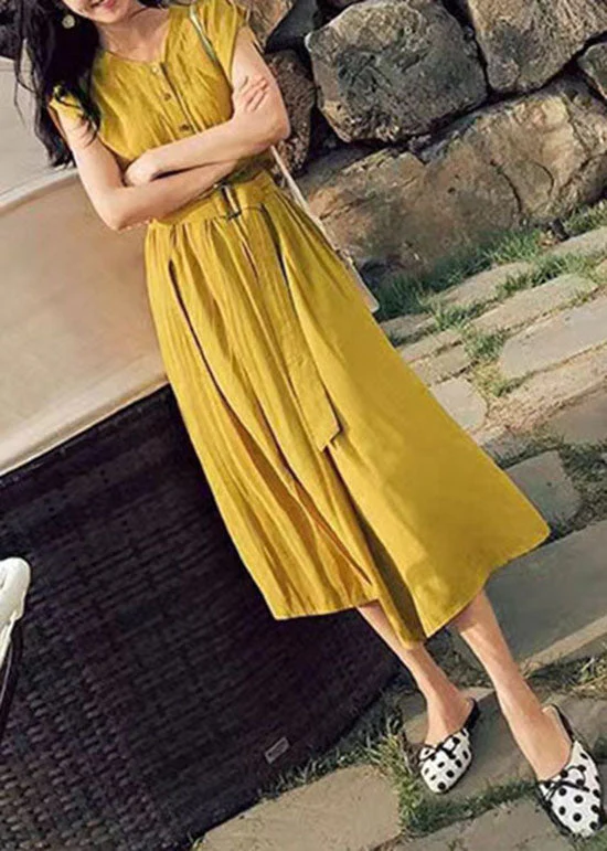 Diy Yellow O Neck Patchwork Tie Waist Cotton Dress Short Sleeve - Image 3