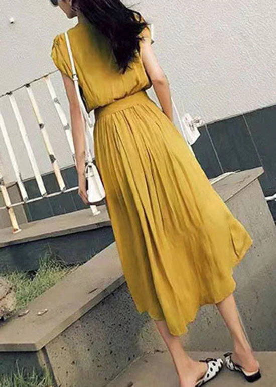 Diy Yellow O Neck Patchwork Tie Waist Cotton Dress Short Sleeve - Image 4