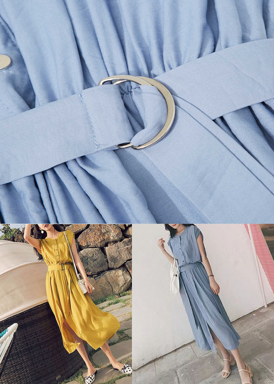 Diy Yellow O Neck Patchwork Tie Waist Cotton Dress Short Sleeve - Image 5