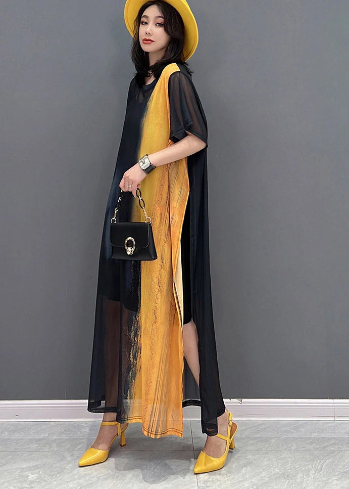 DIY Yellow O-Neck Smeared Tulle Ankle Dress Short Sleeve - Image 3