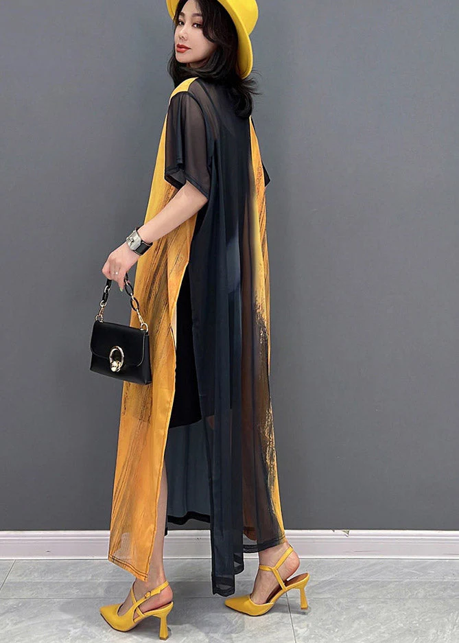 DIY Yellow O-Neck Smeared Tulle Ankle Dress Short Sleeve - Image 4