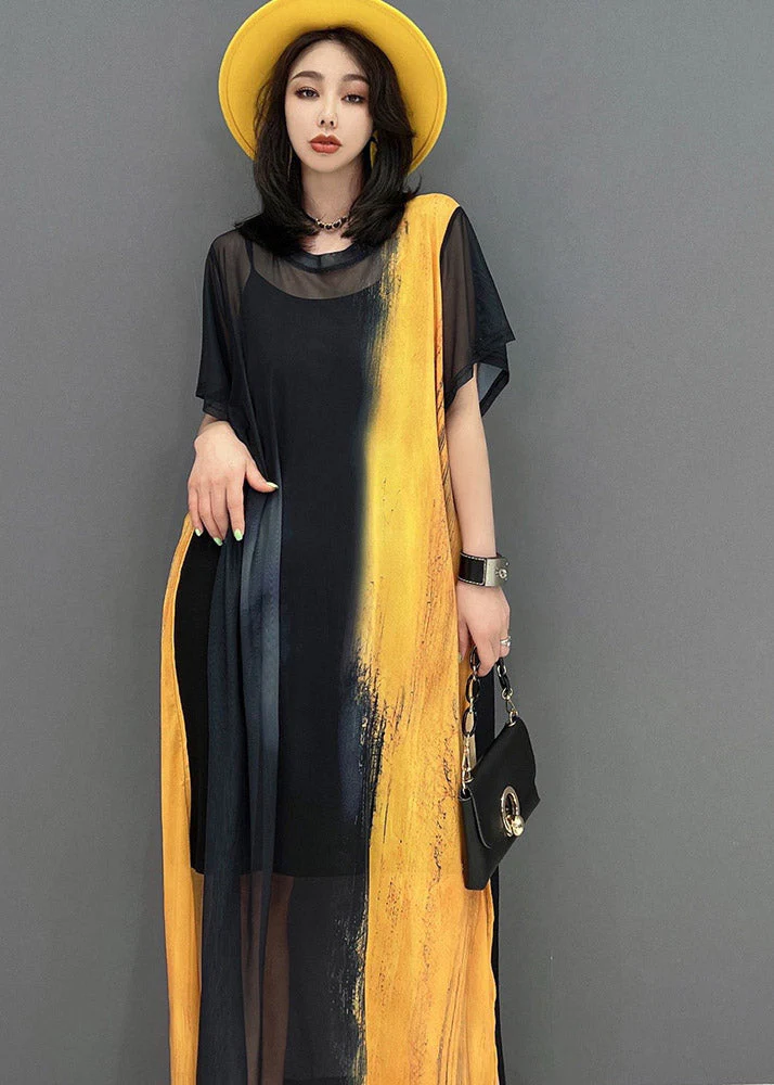 DIY Yellow O-Neck Smeared Tulle Ankle Dress Short Sleeve - Image 5