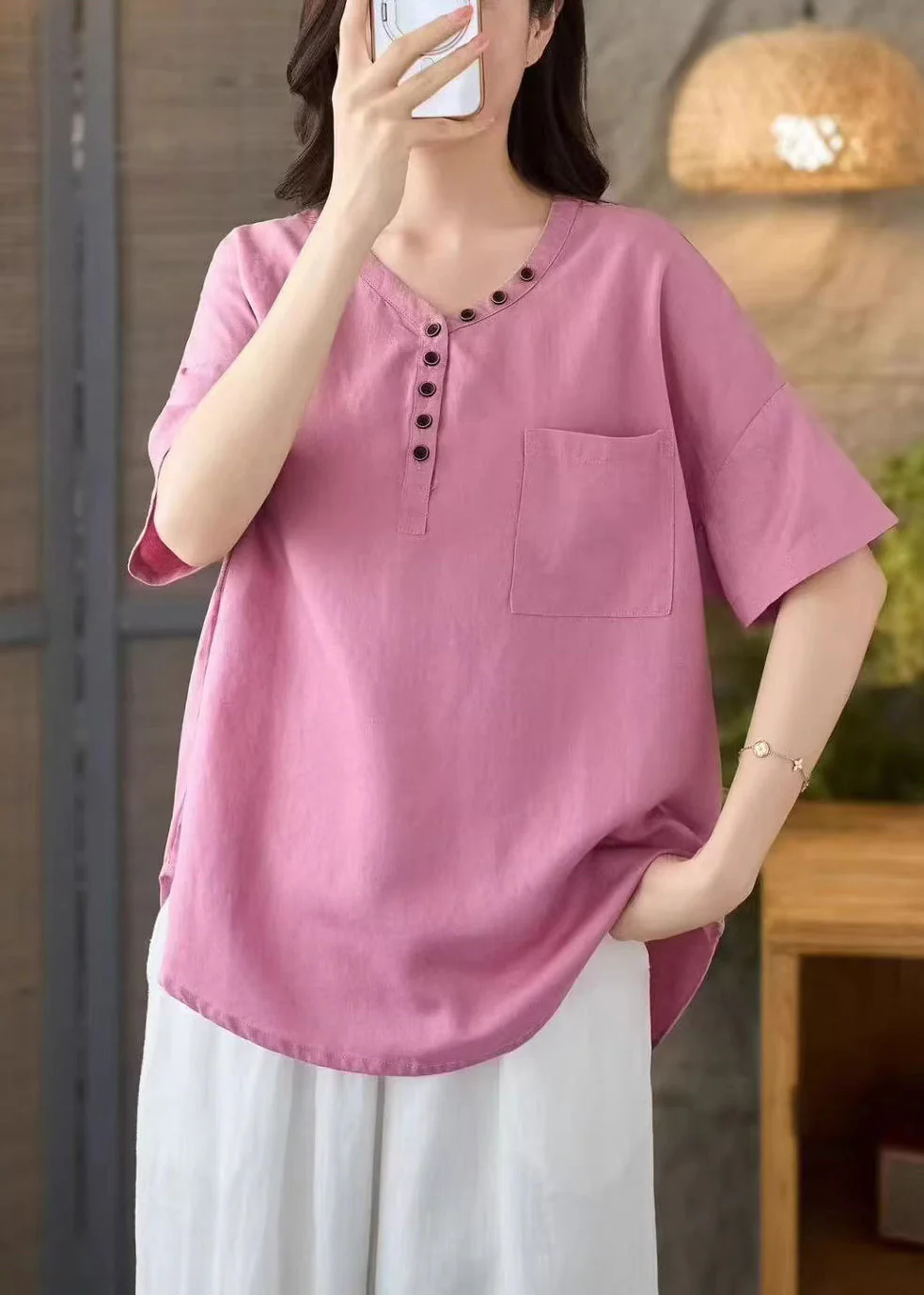 DIY Yellow Oversized With Pocket Cotton Blouse Tops Summer - Image 2