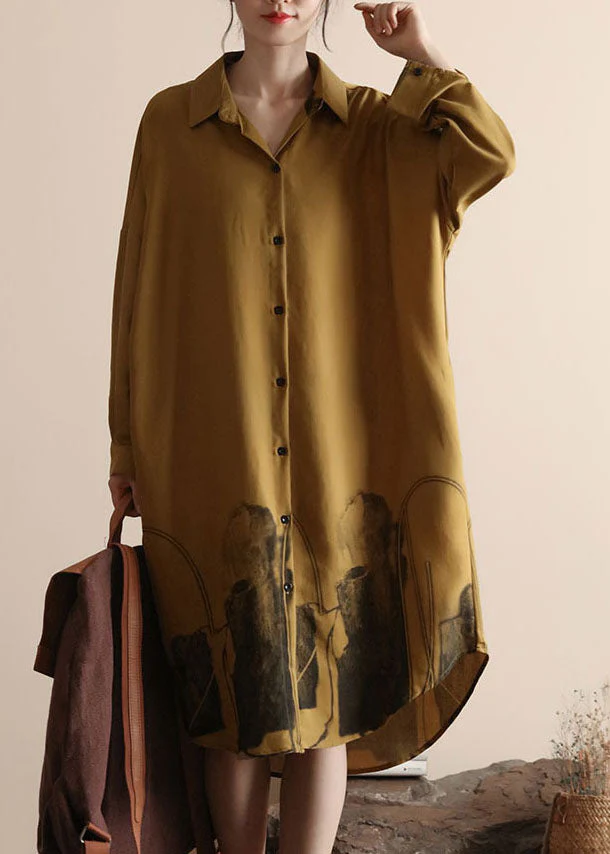 DIY Yellow Peter Pan Collar Patchwork Linen Shirts Dresses Spring - Image 2