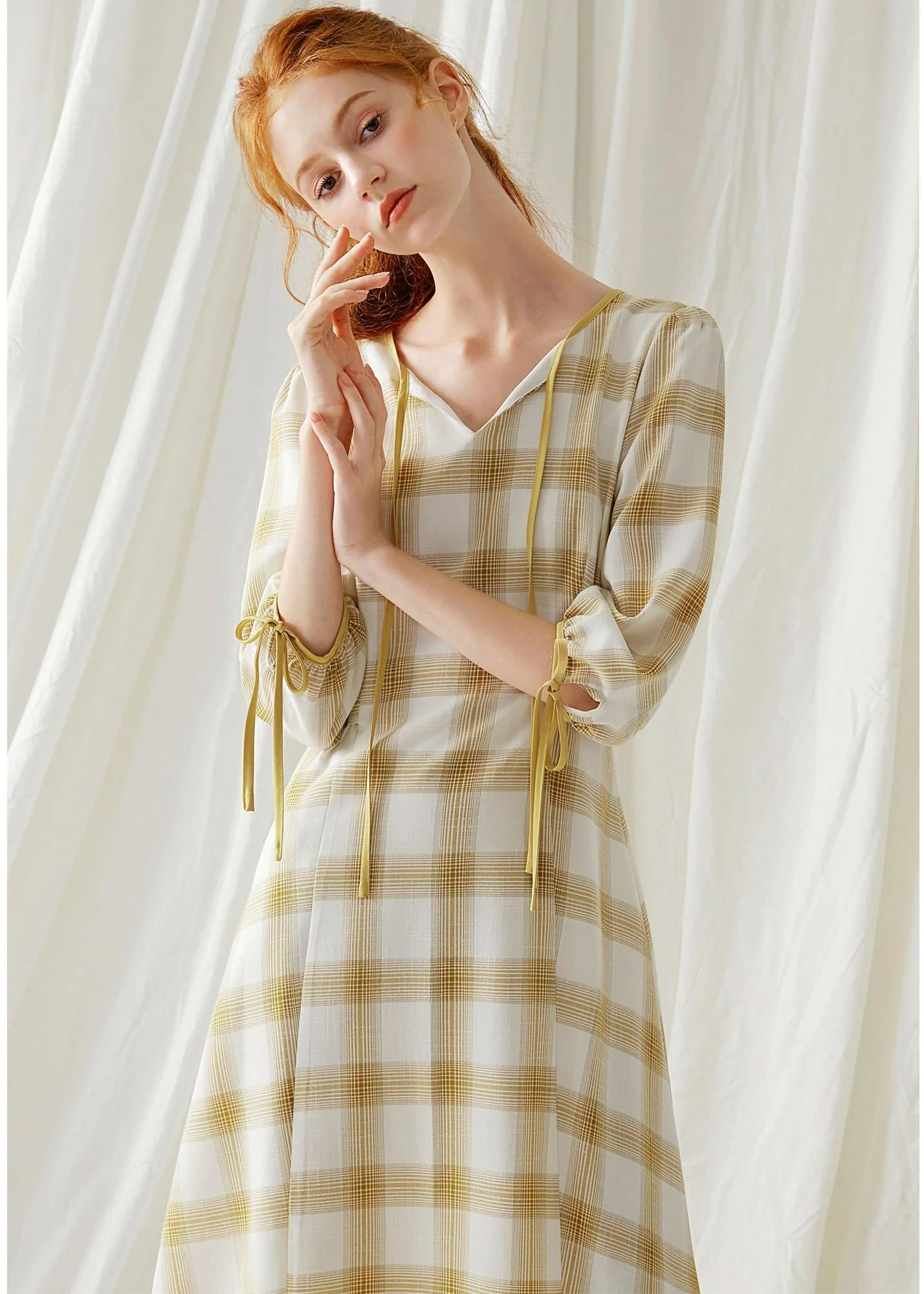 DIY yellow plaid cotton dresses high waist Plus Size fall Dresses - Image 2