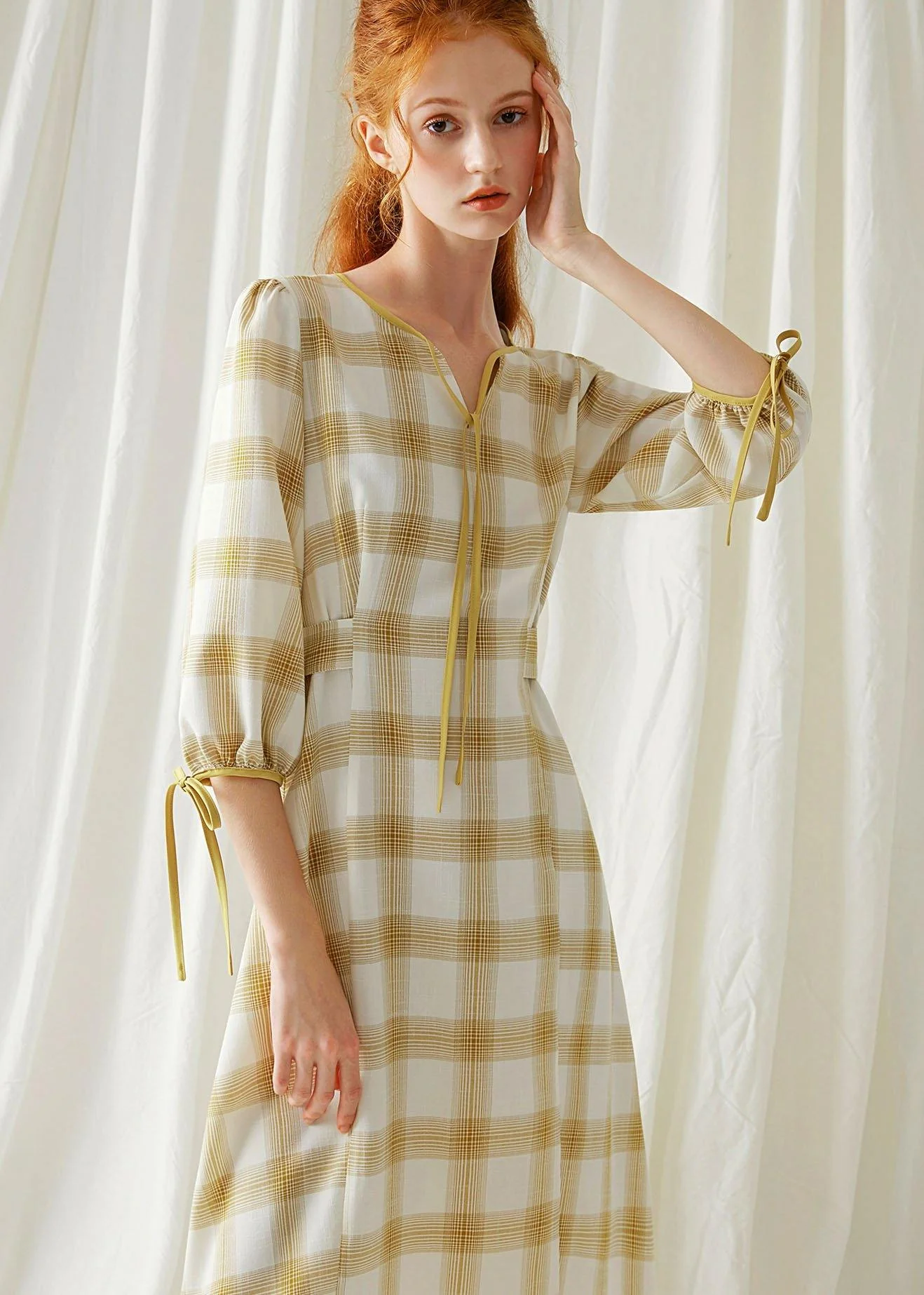 DIY yellow plaid cotton dresses high waist Plus Size fall Dresses - Image 3