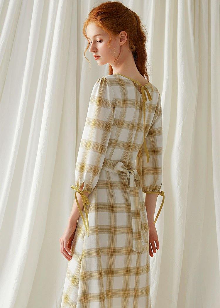 DIY yellow plaid cotton dresses high waist Plus Size fall Dresses - Image 4