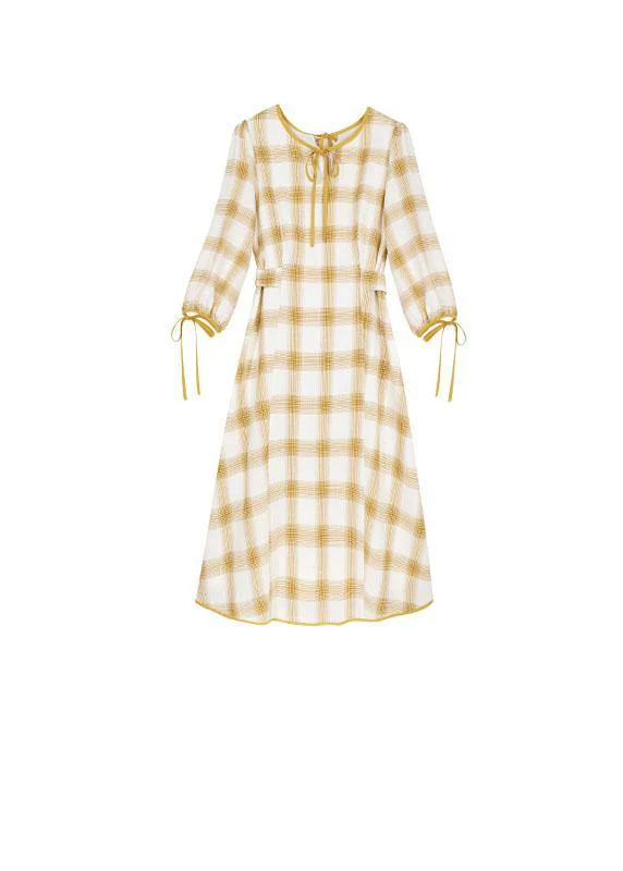 DIY yellow plaid cotton dresses high waist Plus Size fall Dresses - Image 5
