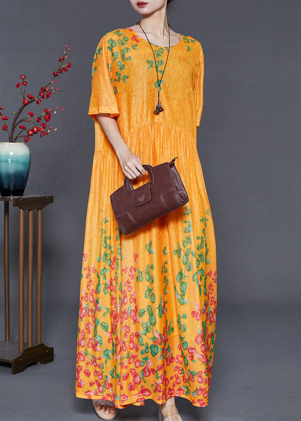 DIY Yellow Print Exra Large Hem Silk Long Dress Summer - Image 2