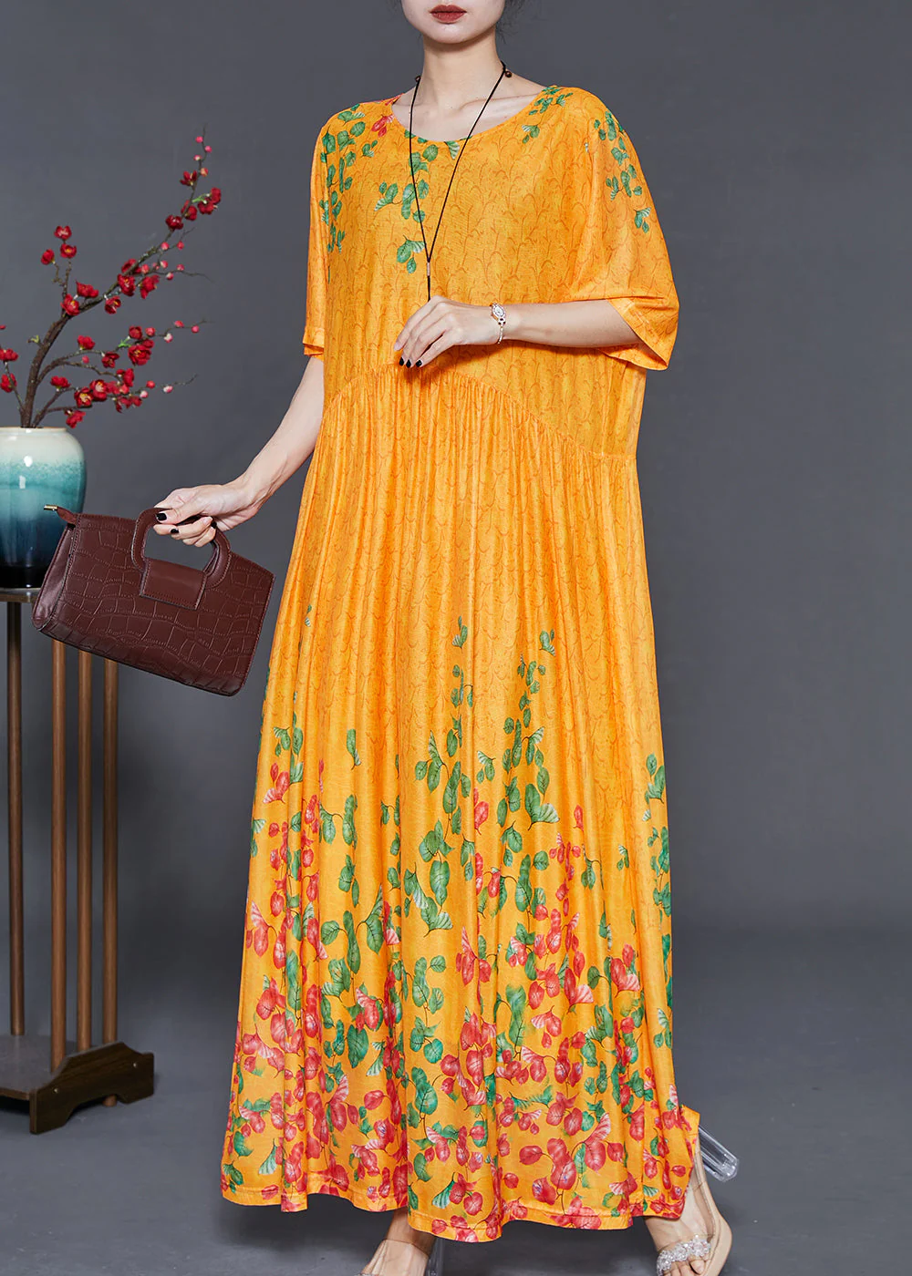 DIY Yellow Print Exra Large Hem Silk Long Dress Summer - Image 3