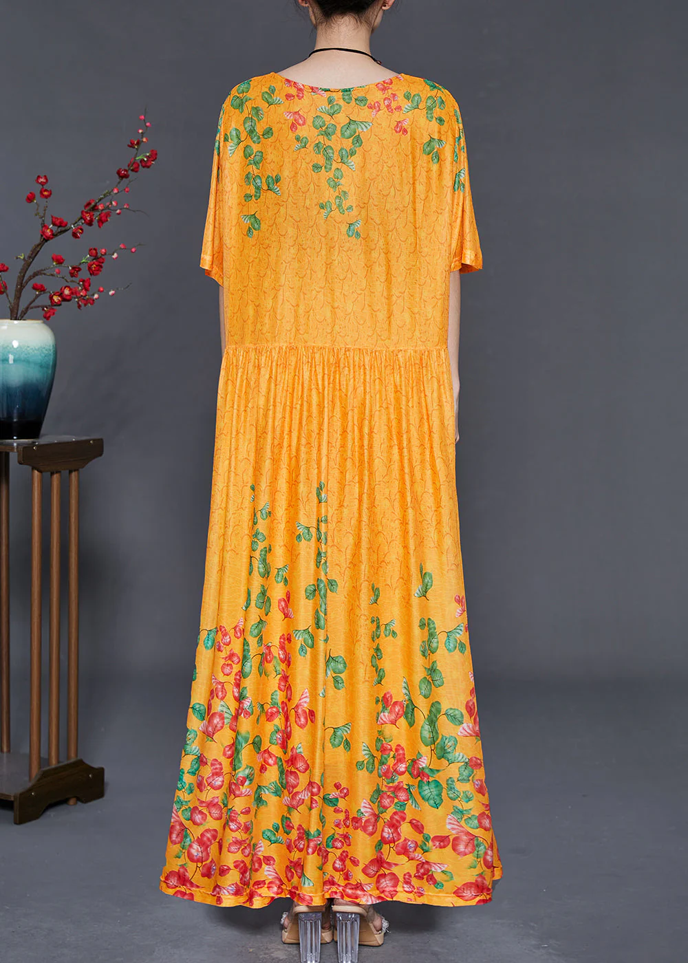 DIY Yellow Print Exra Large Hem Silk Long Dress Summer - Image 4