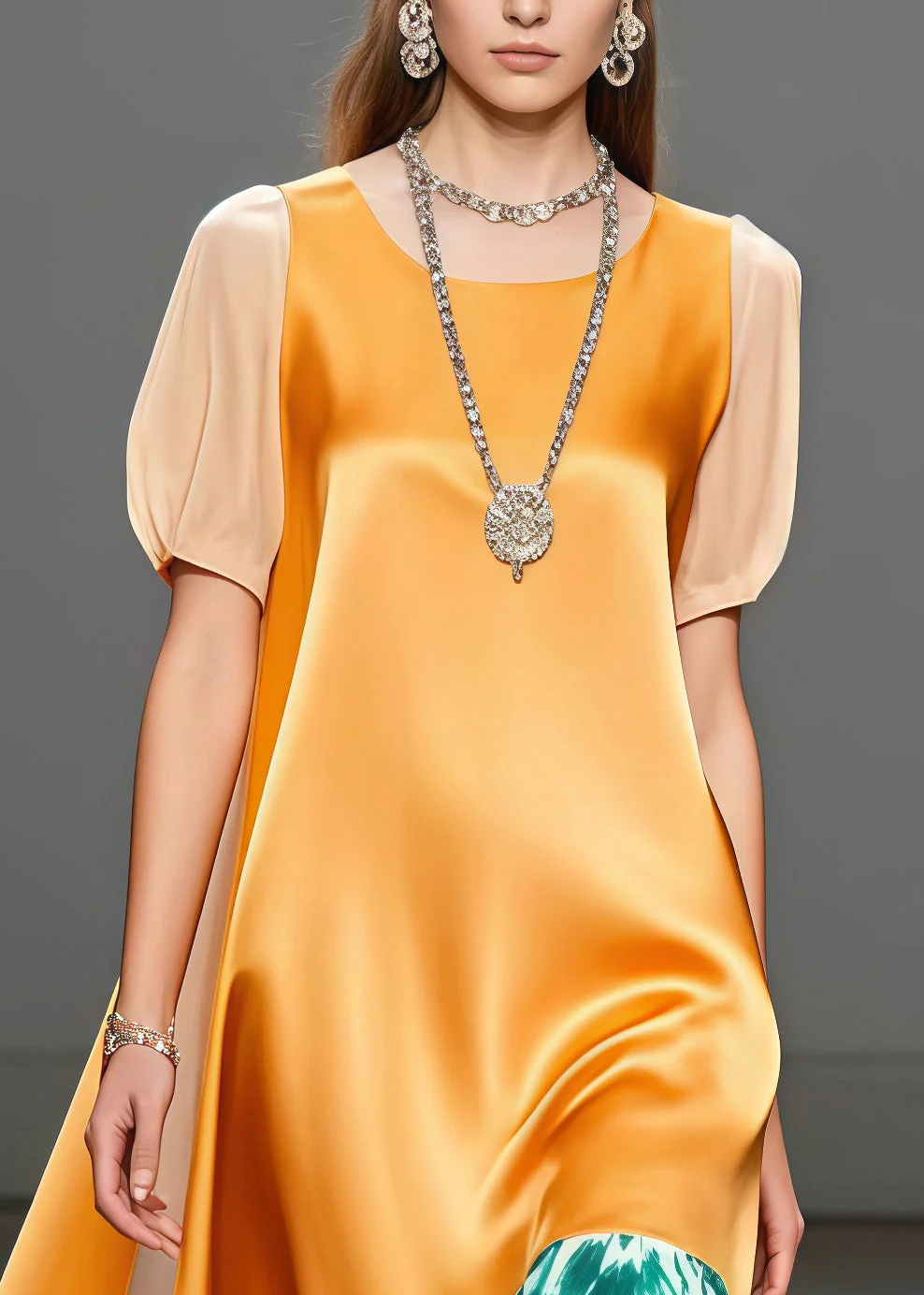 DIY Yellow Print Patchwork Side Open Silk Long Dress Summer - Image 2