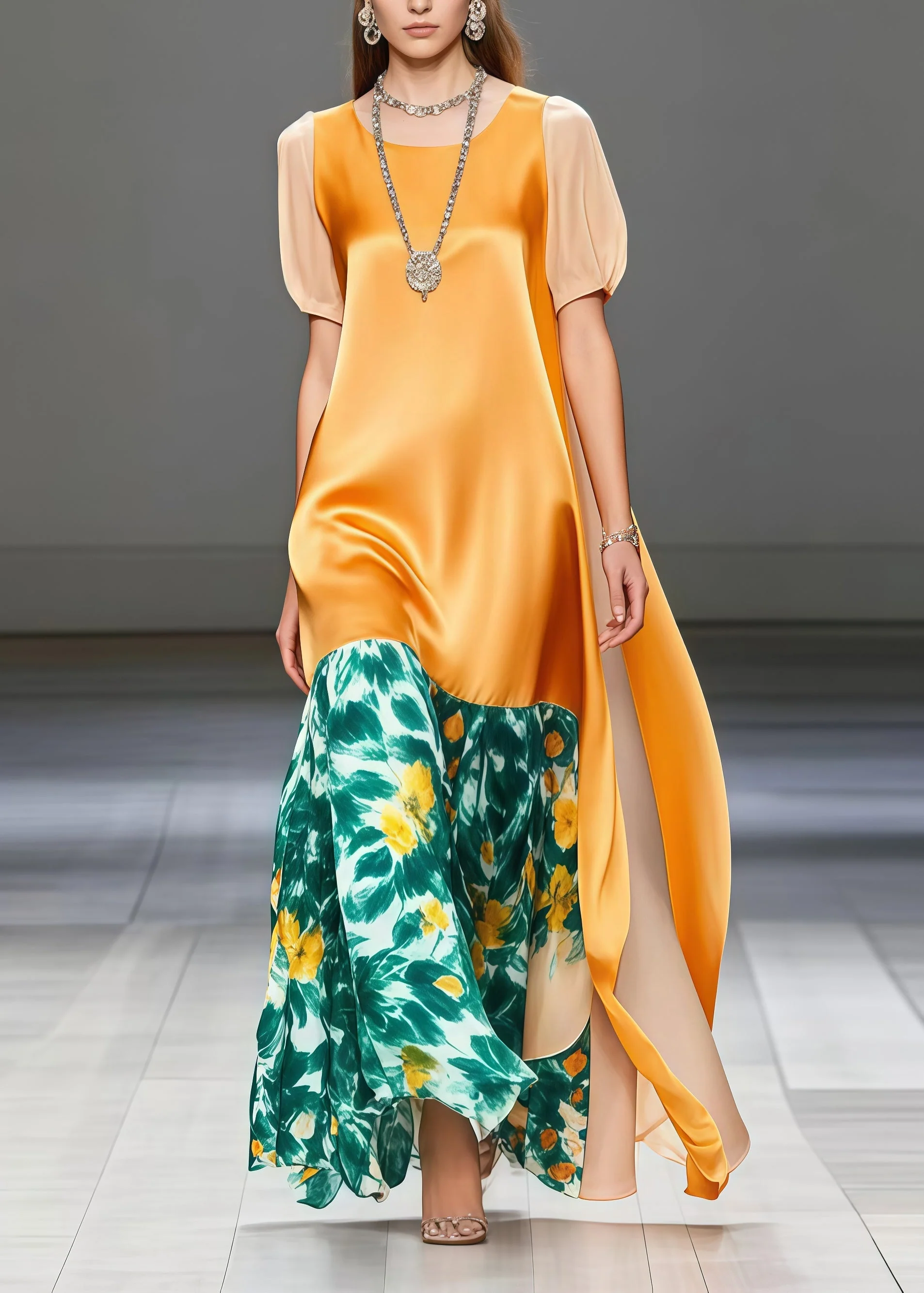DIY Yellow Print Patchwork Side Open Silk Long Dress Summer - Image 3
